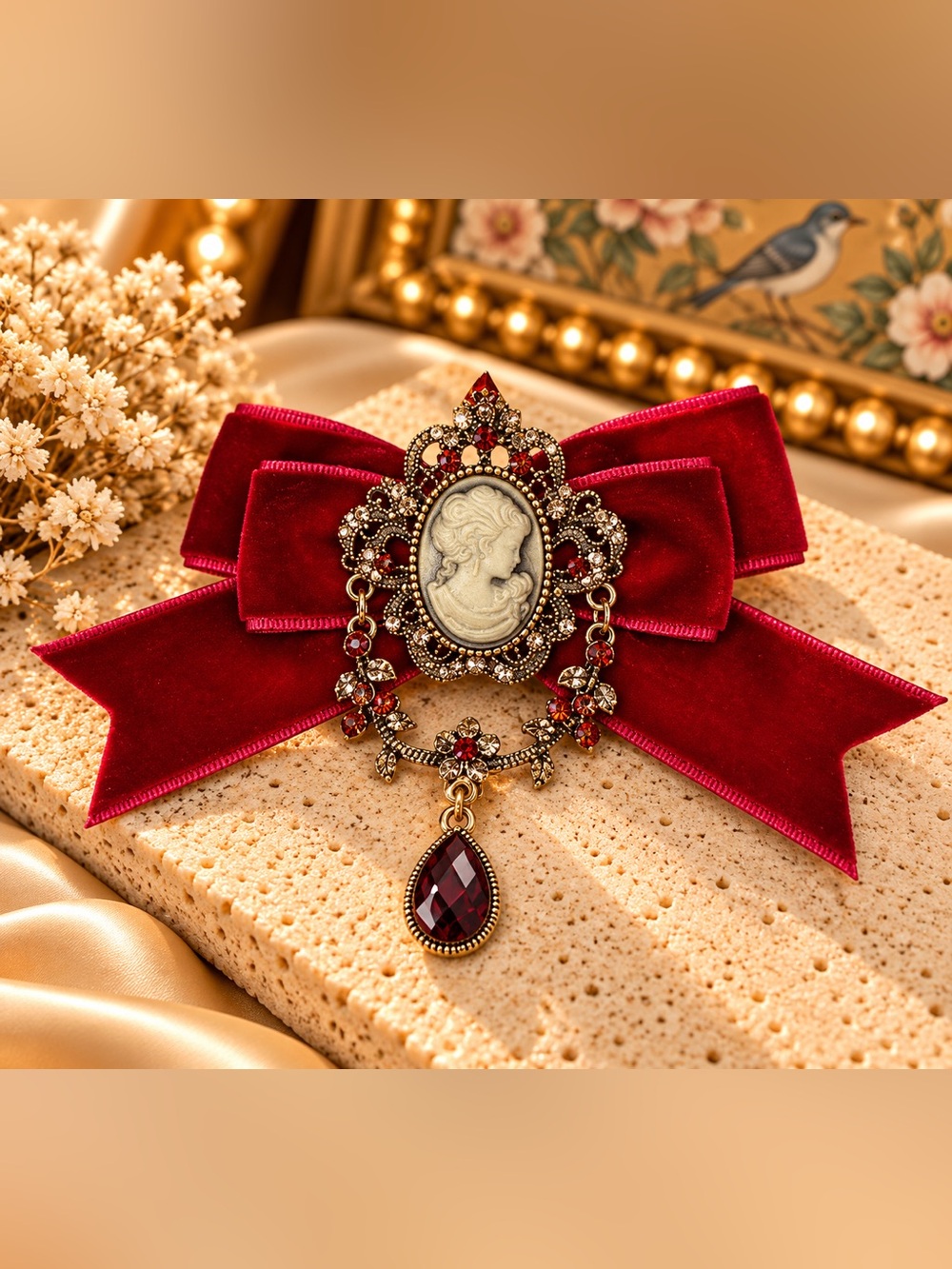 Red Velvet Cameo Crystal Bow Statement Brooch Pin